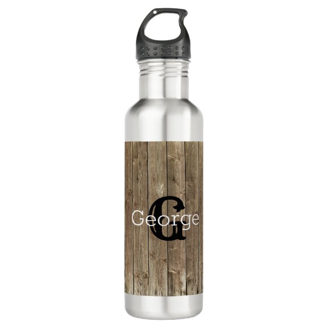 Monogram Brown Wood Handsome Personalized Stainless Steel Water Bottle (Front)