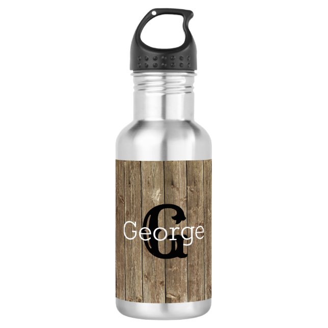 Monogram Brown Wood Handsome Personalized Stainless Steel Water Bottle (Front)