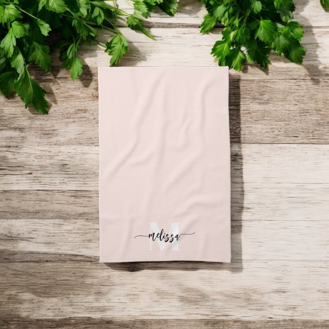 Monogram Brush Calligraphy Blush Pink Kitchen Towel (Creator Uploaded)