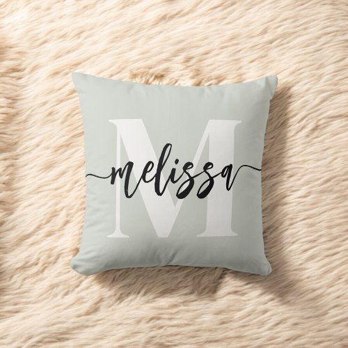 Monogram Brush Calligraphy Sage Green Throw Pillow