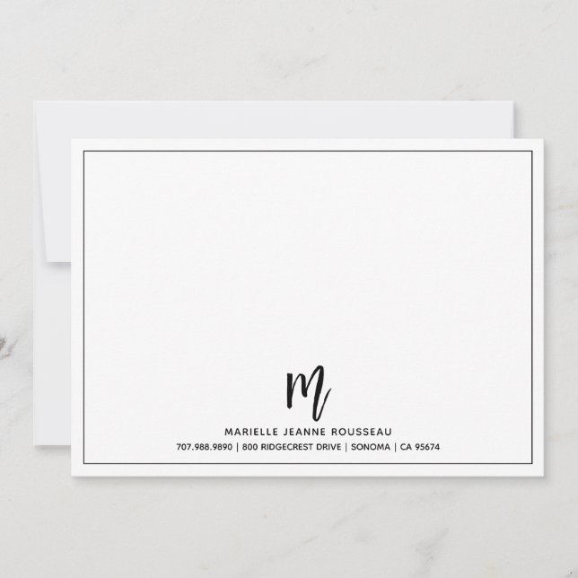 Monogram Brush Script Initial Name Border Note Card (Front)