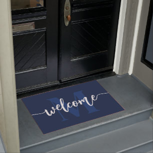 Monogram Brush Script Welcome Navy Blue Doormat
