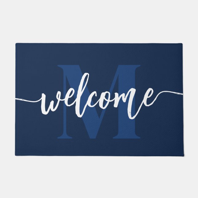 Monogram Brush Script Welcome Navy Blue Doormat (Front)
