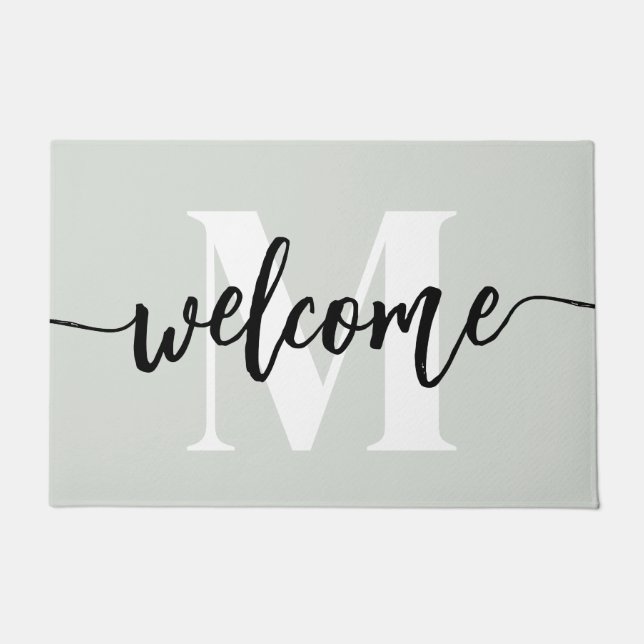 Monogram Brush Script Welcome Sage Green Doormat (Front)