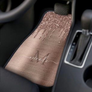 Monogram Brushed Rose Gold Metal and Glitter Drip Car Floor Mat