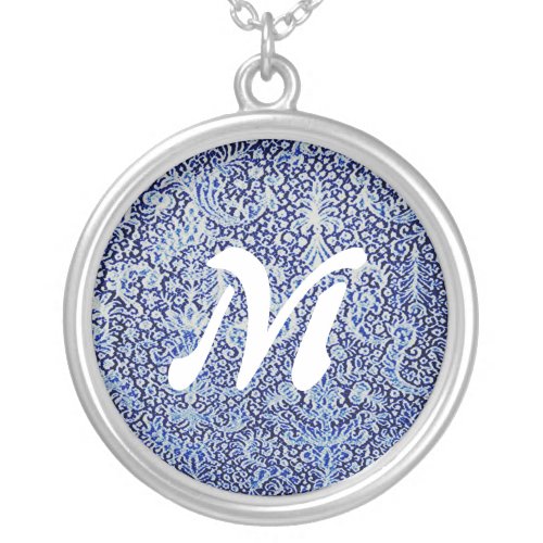 Monogram Brussels Lace Blue Pattern Vintage Retro Silver Plated Necklace