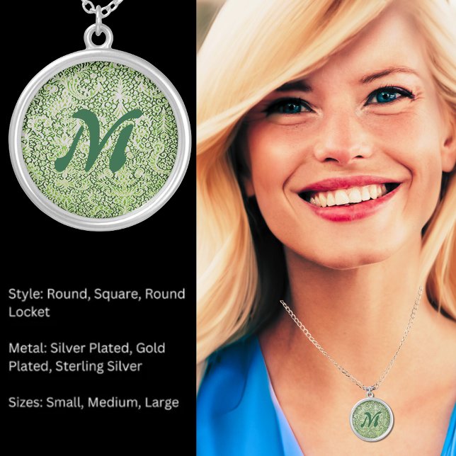 Monogram Brussels Lace Green Pattern Vintage Retro Silver Plated Necklace (Monogram Brussels Lace Green Pattern Vintage Retro Silver Plated Necklace)