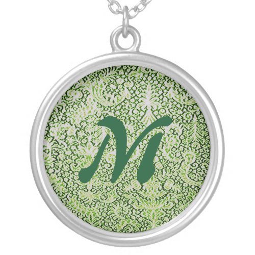 Monogram Brussels Lace Green Pattern Vintage Retro Silver Plated Necklace