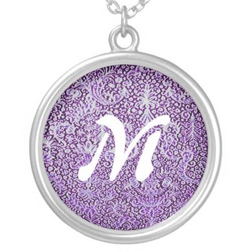 Monogram Brussels Lace Purple Pattern Vintage Silver Plated Necklace