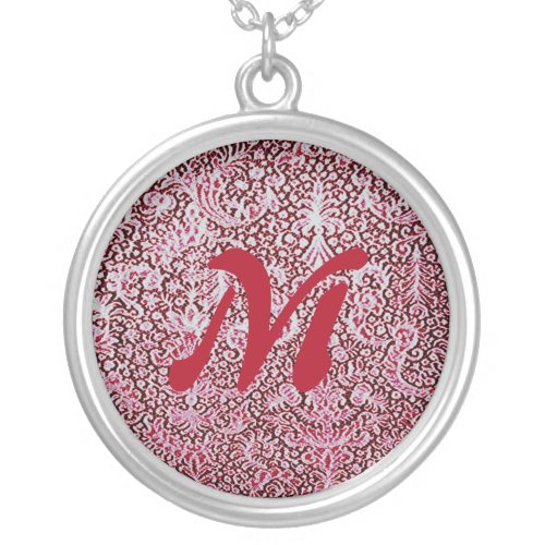 Monogram Brussels Lace Red Pattern Vintage Silver Plated Necklace