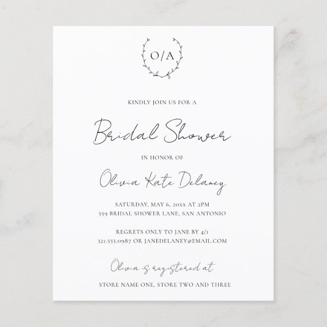Monogram Budget Bridal Shower Invitation (Front)