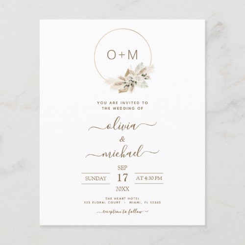 Monogram Budget Tropical Pampas Grass Wedding Flyer