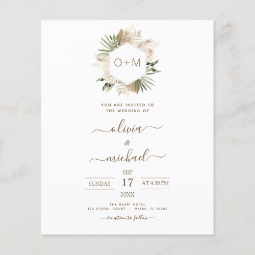 Monogram Budget Tropical Pampas Grass Wedding Flyer