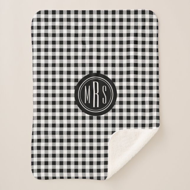 Monogram, Buffalo Check Plaid Black and White Sherpa Blanket (Front)