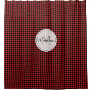 Monogram Buffalo Check Plaid Rustic Red and Black Shower Curtain