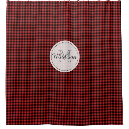 Monogram Buffalo Check Plaid Rustic Red and Black Shower Curtain