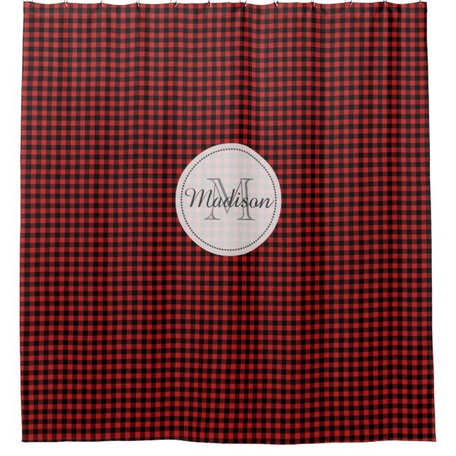 Monogram Buffalo Check Plaid Rustic Red and Black Shower Curtain (Front)