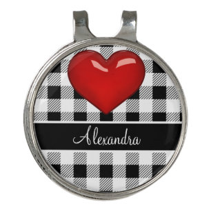 Monogram Buffalo Plaid Black and white red heart Golf Hat Clip
