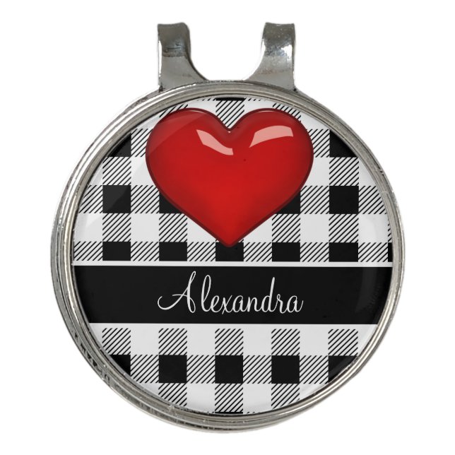 Monogram Buffalo Plaid Black and white red heart   Golf Hat Clip (Front)
