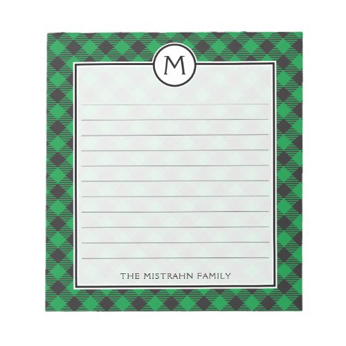 Monogram Buffalo Plaid Green and Black Christmas Notepad