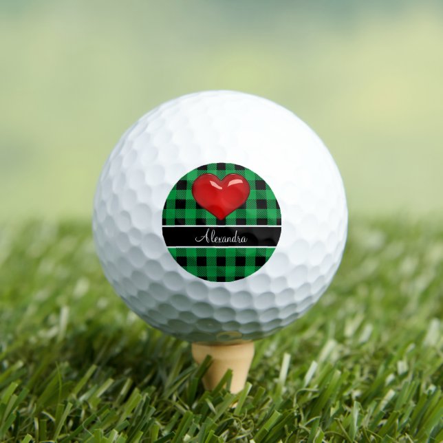 Monogram Buffalo Plaid Green Black red heart  Golf Balls (Insitu Tee)