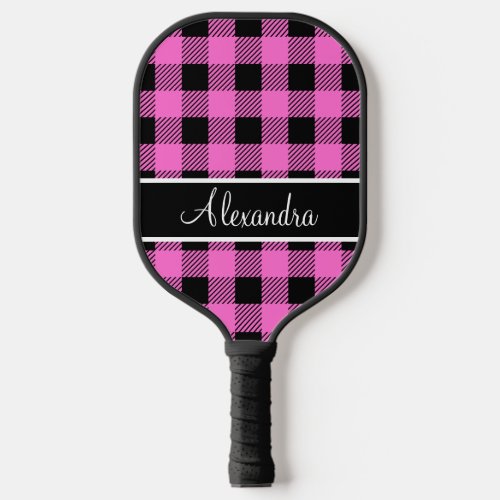 Monogram Buffalo Plaid Pink and Black Pickleball Paddle