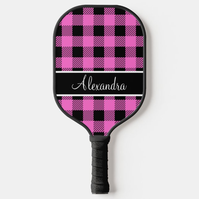 Monogram Buffalo Plaid Pink and Black Pickleball Paddle (Front)