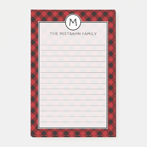 Monogram Buffalo Plaid Red Black Christmas List Post_it Notes