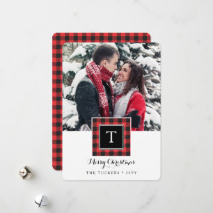 Monogram Buffalo Plaid Red Black Merry Christmas Holiday Card