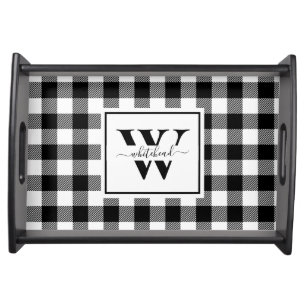 Monogram Buffalo Plaid White Black Serving Tray