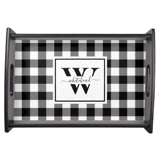 Monogram Buffalo Plaid White Black Serving Tray (Front)