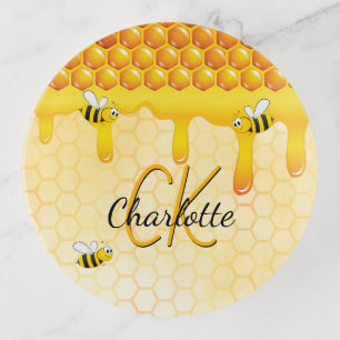 Monogram bumble bees honeycomb honey dripping trinket tray