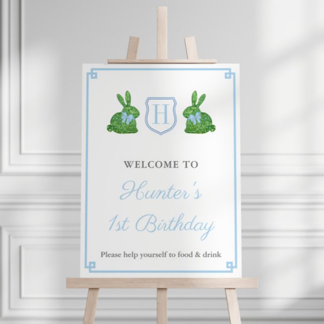 Monogram Bunny Boy 1st Birthday Party Welcome Foam Board (Preppy Monogram boxwood rabbit 1st birthday party for boy welcome sign)