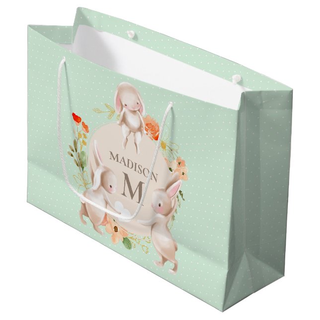 Monogram Bunny Rabbits Floral Baby Personalized Large Gift Bag (Front Angled)