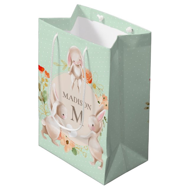 Monogram Bunny Rabbits Floral Baby Personalized Medium Gift Bag (Front Angled)