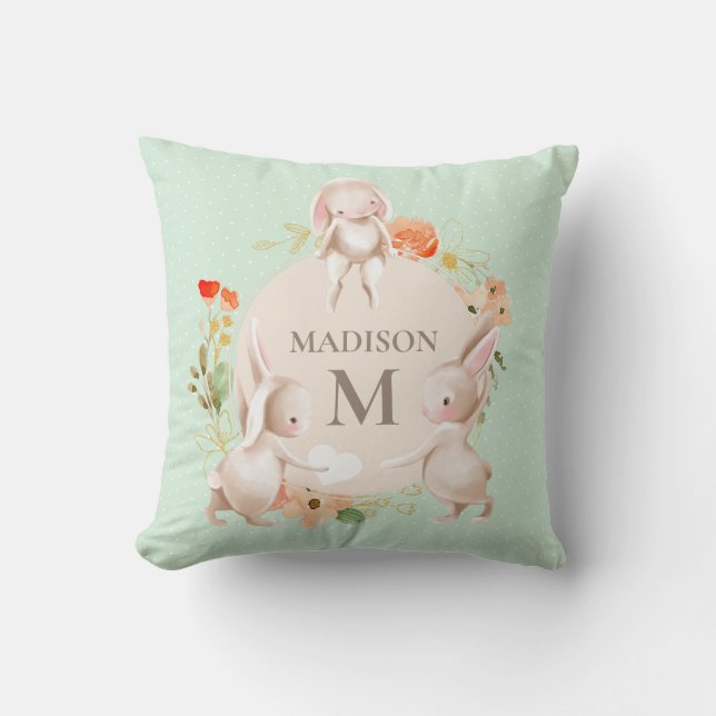 Monogram Bunny Rabbits Floral Baby Personalized Throw Pillow (Front)