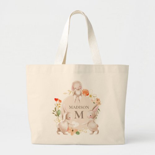 Monogram Bunny Rabbits Floral Easter Personalized Large Tote Bag