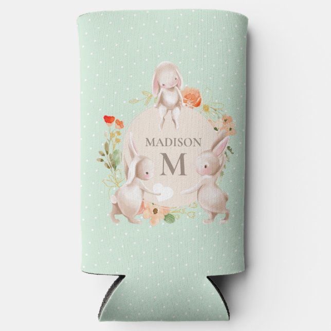 Monogram Bunny Rabbits Floral Easter Personalized Seltzer Can Cooler (Front)