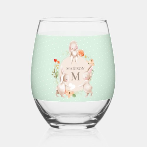 Monogram Bunny Rabbits Floral Easter Personalized Stemless Wine Glass
