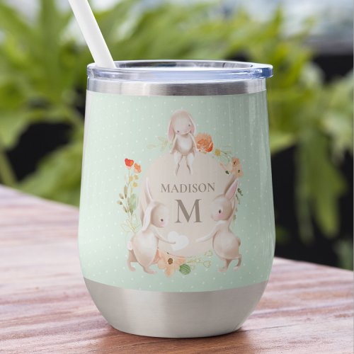 Monogram Bunny Rabbits Floral Easter Personalized Thermal Wine Tumbler