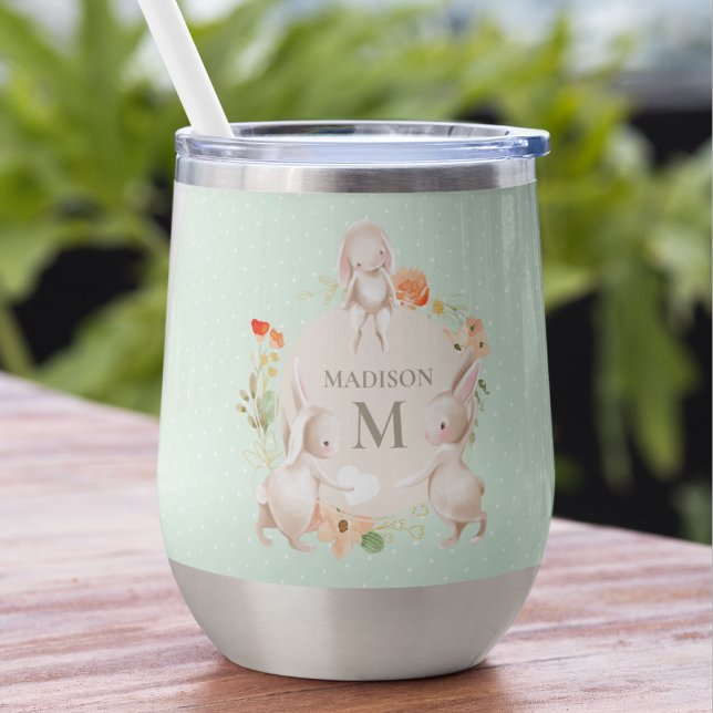 Monogram Bunny Rabbits Floral Easter Personalized Thermal Wine Tumbler (Creator Uploaded)