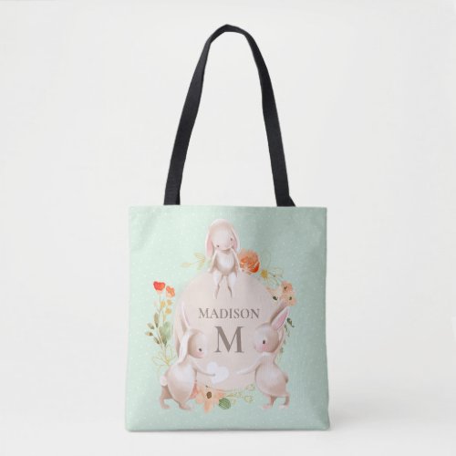 Monogram Bunny Rabbits Floral Easter Personalized Tote Bag