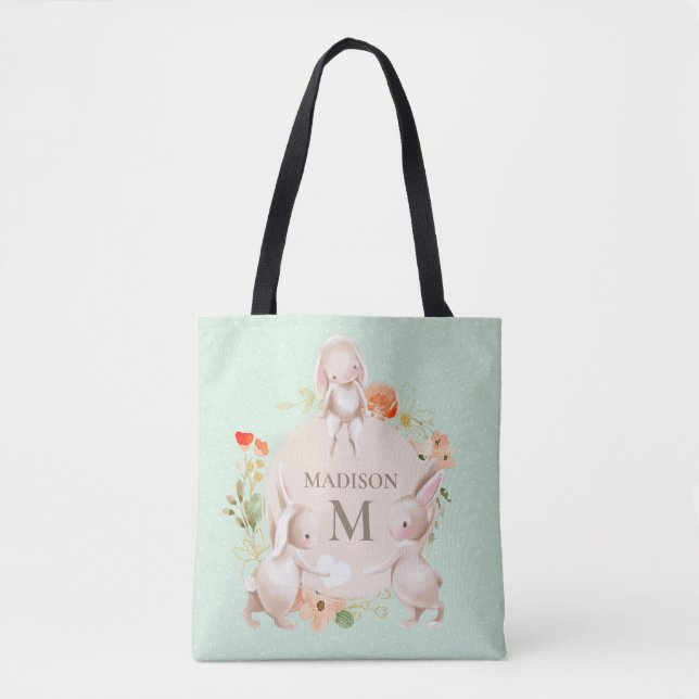 Monogram Bunny Rabbits Floral Easter Personalized Tote Bag (Front)