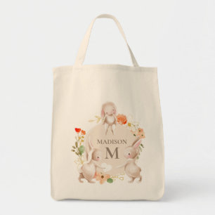 Monogram Bunny Rabbits Floral Easter Personalized Tote Bag