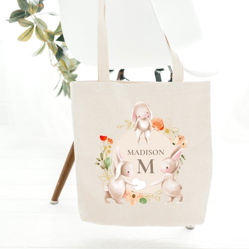 Monogram Bunny Rabbits Floral Easter Personalized Tote Bag