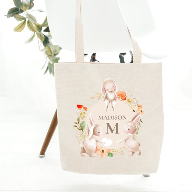 Monogram Bunny Rabbits Floral Easter Personalized Tote Bag (Creator Uploaded)