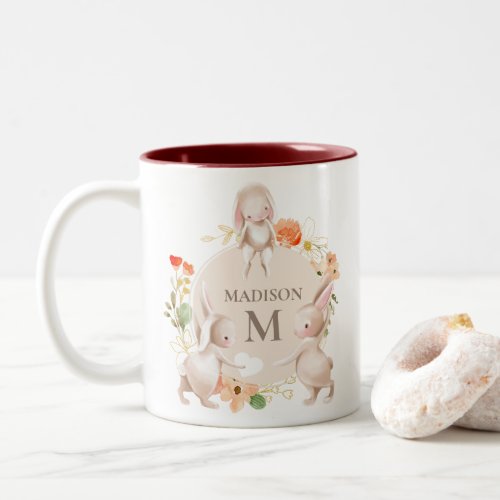 Monogram Bunny Rabbits Floral Easter Personalized Two_Tone Coffee Mug