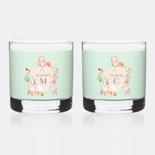 Monogram Bunny Rabbits Floral Easter Personalized Whiskey Glass