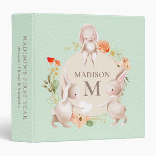 Monogram Bunny Rabbits Floral Girly Personalized 3 Ring Binder