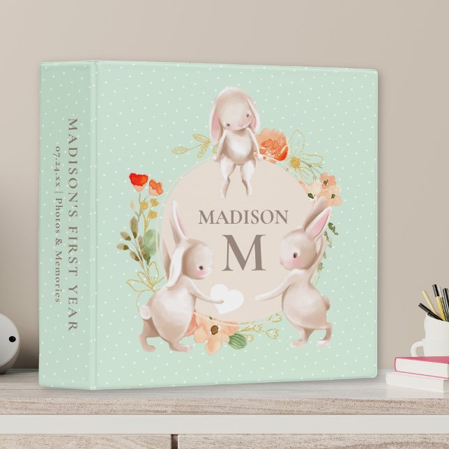 Monogram Bunny Rabbits Floral Girly Personalized 3 Ring Binder (Creator Uploaded)